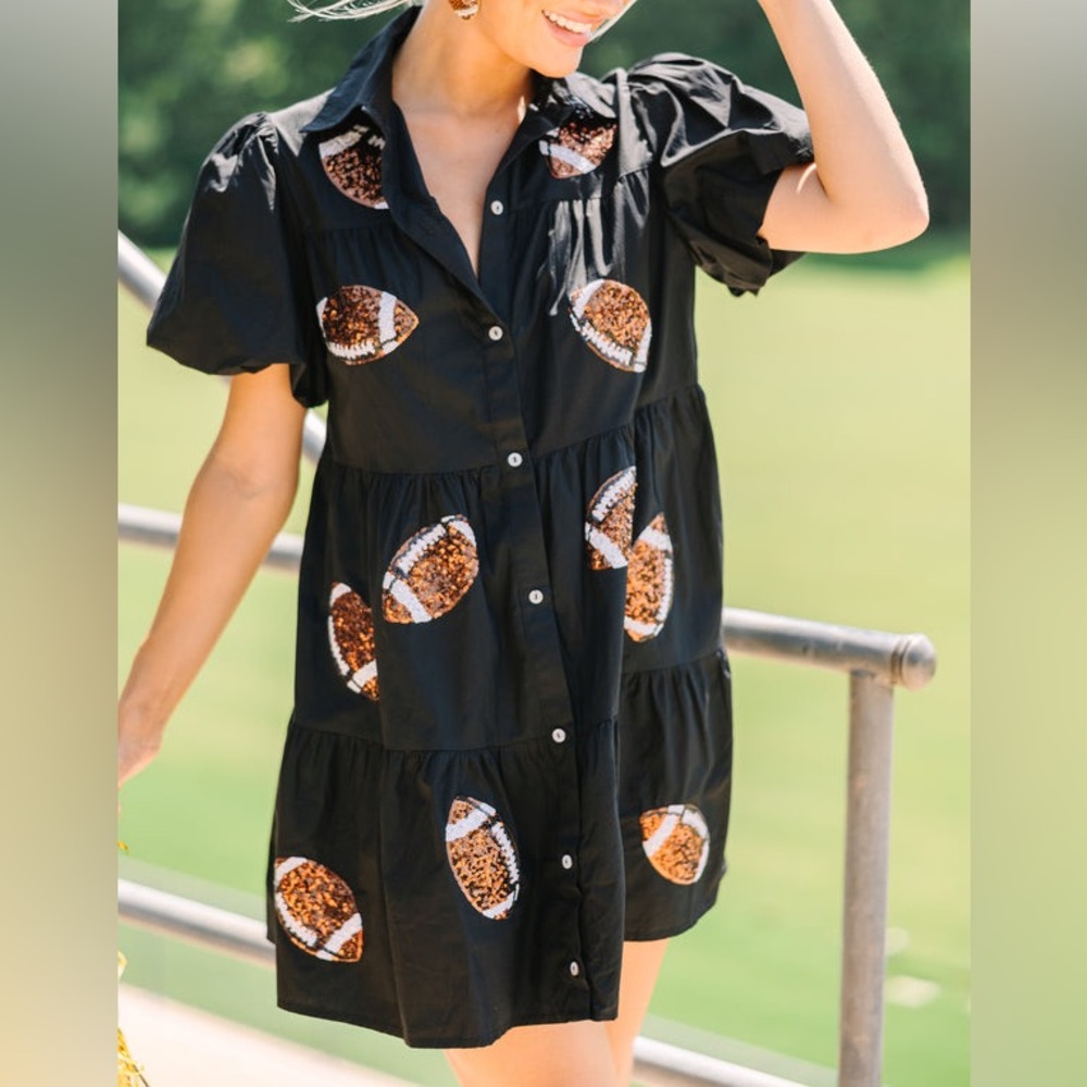 Peach Love California Black Football Print Mini Dress Small Sequins